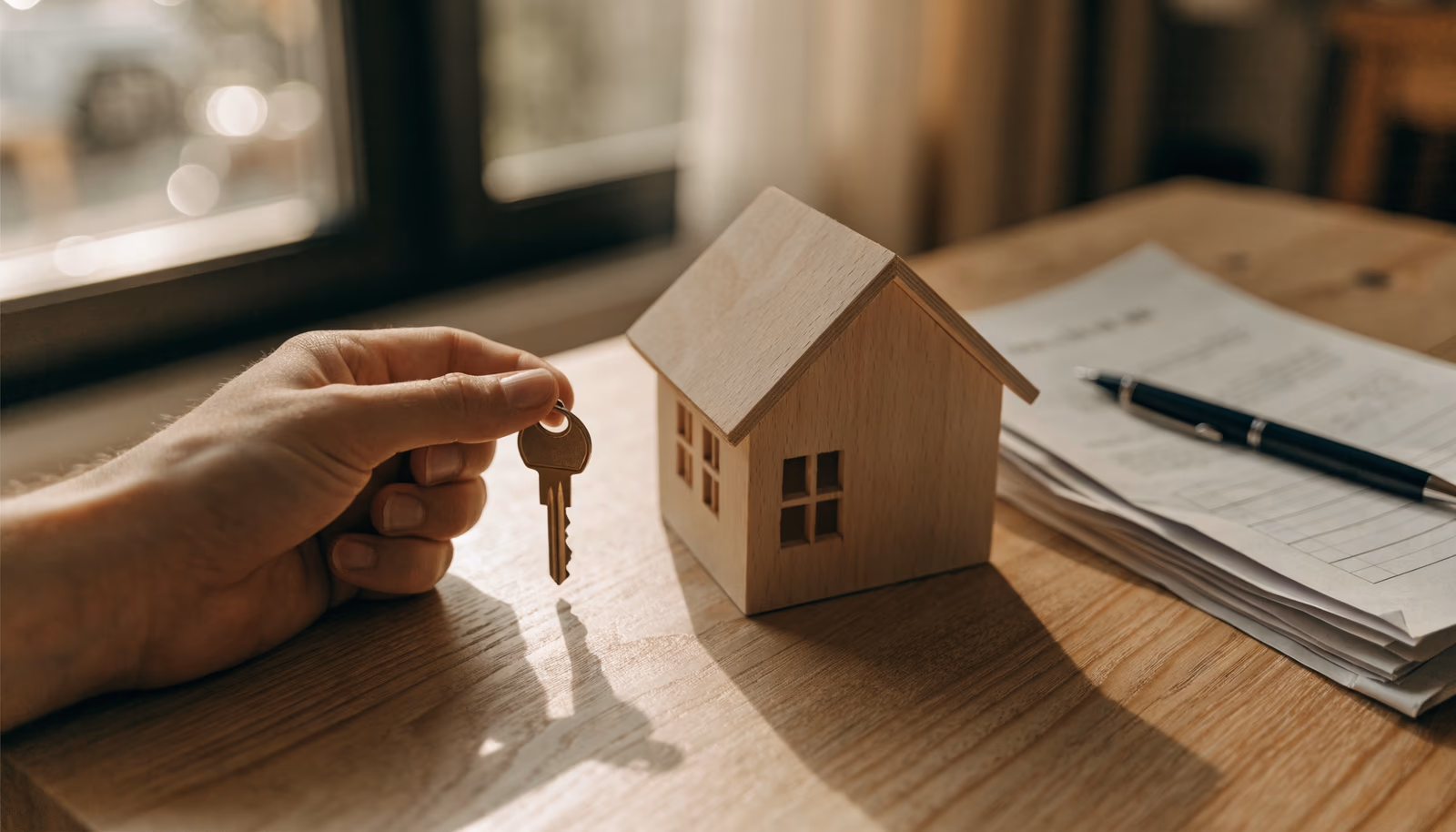 Iemand houdt een huissleutel vast naast een klein houten huisje en vastgoeddocumenten op een tafel, symbool voor het kopen van een woning in Vlaanderen